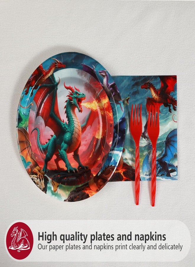 Grencian 96Pcs Dragon Birthday Party Supplies - Red Fire Dragon Party Plates and Napkins Disposable Dragons Theme Dessert Tableware Set for Kids Boys Fantasy Birthday Supplies Serves 24 - Image 5
